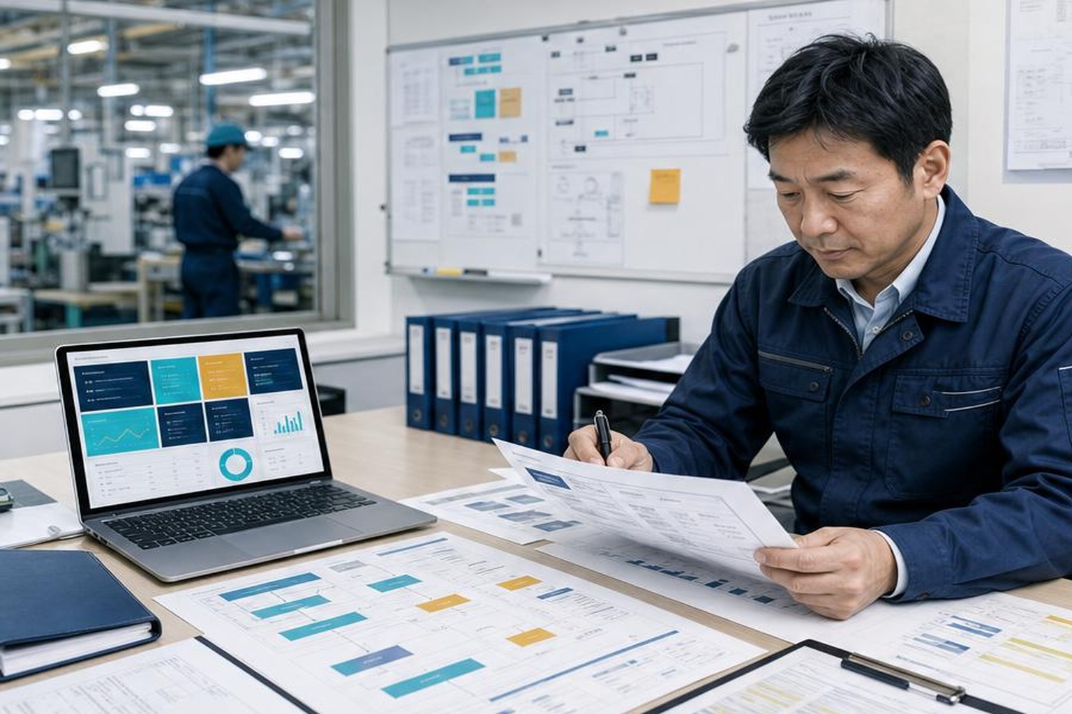 製造業の担当者がAI導入に向けた生産計画資料を確認している様子
